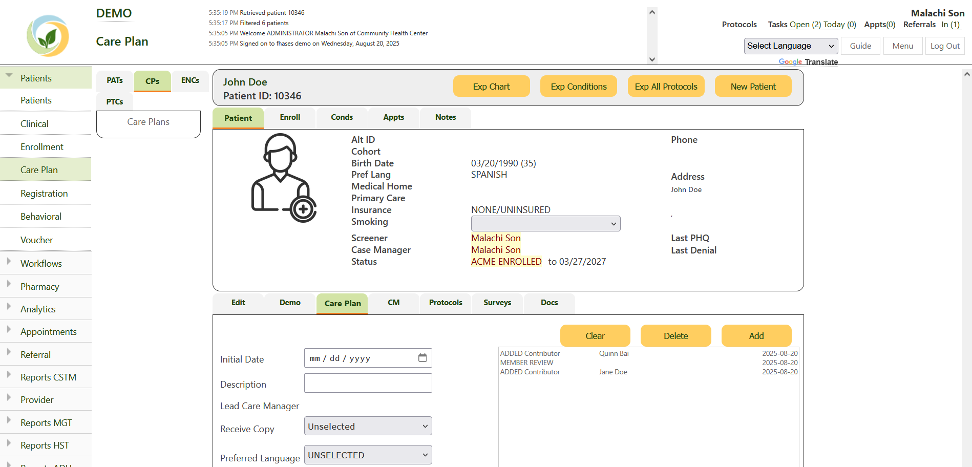 FHASES Enhanced Care Management Screenshot